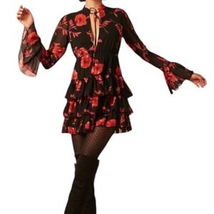 FOREVER 21 Contemporary Black Red Floral Mini Dress S Bell Sleeve Keyhole Ruffle